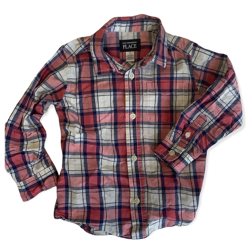 COPY - 3T boys plaid button down long sleeve shirt, blue & pink, white tcp